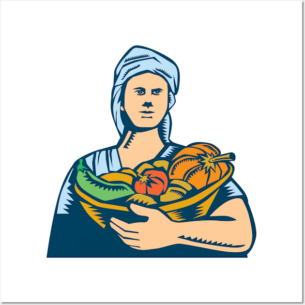 Lady Organic Farmer Produce Harvest Woodcut Wall Art by patrimonio